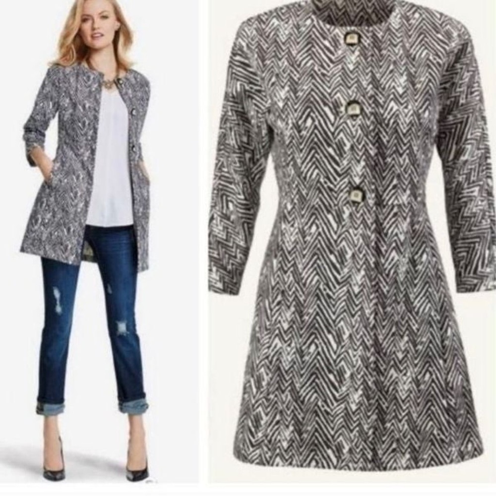 CAbi Black and White Chevron-Print Long Blazer